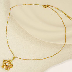Золотой Французский стиль 304 ожерелья из нержавеющей стали с подвеской в виде цветка из натурального жемчуга, золотые, кулон: 2.6x2.2 см
