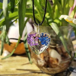 Королевский синий Прозрачное стекло с подвеской в форме сердца в форме дерева жизни, засушенным цветком, ожерелье из черного вощеного шнура, королевский синий, 17.72~18.11 дюйм (45~46 см)