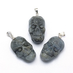 Labradorite Natural Labradorite Pendants, with Brass Findings, Skull, Platinum, 33x20x11~13.5mm, Hole: 4x5mm