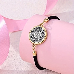 Черный Браслеты-слайдеры из сплава с нейлоновой веревкой, браслеты для женщин, плоские круглые с святым Бенедиктом, два тона, чёрные, внутренний диаметр: 3/4 дюйм (1.8 см)