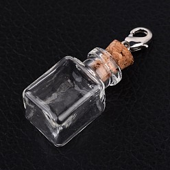 Платина Cuboid стеклянные бутылки желая подвески, с выводами железо и медь Lobster Claw застежками, платина, 47 мм, емкость бутылки: 2 мл (0.06 жидких унций)