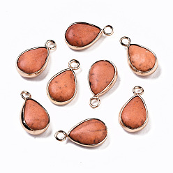 Coral Synthetic Turquoise Pendants, with Light Gold Plated Brass Edge, Teardrop, Dyed, Coral, 18~19x10.5x5mm, Hole: 2mm