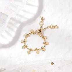 Настоящее золото 18K Регулируемые латунные панцирные цепочки кольца для женщин, со звездой прелести, реальный 18 k позолоченный, внутренний диаметр: 18.5~20.5 мм