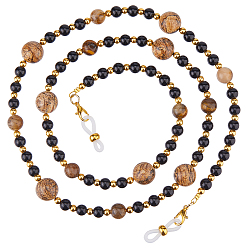 Смешанные камни Круглые цепочки для очков из натуральной яшмы и тигрового глаза, с застежками-карабинами из сплава и резиновыми петлями на концах, 785 мм