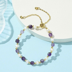 Аметист Регулируемые браслеты-слайдеры из натуральных аметистов и культивированного пресноводного жемчуга для женщин, куб и самородки, 10.24~10.43 дюйм (26~26.5 см)