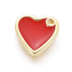 Red Brass Enamel Charms, Heart, Golden, Red, 10x10x2mm, Hole: 1.2mm