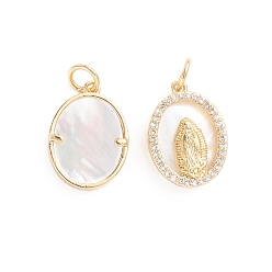 Золотой Латунные подвески из фианита для религии, с раковиной и прыгать кольцо, овальный со святым, золотые, 16.5x12x3.5 мм, отверстие : 3 мм