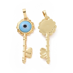 Светло-Голубой Ручной зла подвески бусины глаз, с фурнитурой из позолоченной латуни тона 18 k, брелок для ключей, Небесно-голубой, 33x12x4 мм, отверстие : 4x6 мм