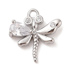 Платинированный Подвески из прозрачного стекла с инкрустацией из латуни, стрекоза прелести, Реальная платина, 12x11.6x3 мм, отверстие : 1.2 мм