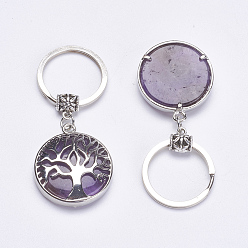 Mixed Stone Flat Round with Tree of Life Gemstone Keychain, with Brass Finding, for Handmade DIY Charm Pendant Necklace, 64mm