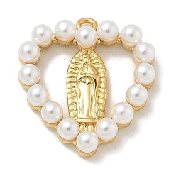 Настоящее золото 18K Стойки обшивки латунные подвески, с пластмассовой жемчужиной abs, долговечный, без свинца и без кадмия, Сердце с Девой Марией, реальный 18 k позолоченный, 19.5x18x4.5 мм, отверстие : 1.5 мм