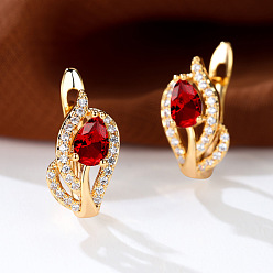 Малиновый Латунные микро проложить серьги обруча кубического циркония, слеза, золотой свет, малиновый, 16x7 мм