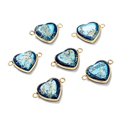 Имперская яшма Соединители из натуральной имперской яшмы, с эко-фурнитурой из латуни золотистого цвета, окрашенные, сердце, 15x23x5 мм, отверстие : 2 мм
