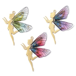 (52) Непрозрачная лаванда Золотой тон 201 подвески из нержавеющей стали, с крылом из смолы, эльфийское очарование, разноцветные, 44x35x2.5 мм, отверстие : 2 мм, 3 шт / комплект
