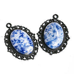 Blue Spot Jasper Natural Blue Spot Jasper Pendants, Black Metal Oval Charms, 40x30x7mm