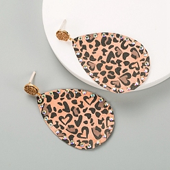 Camel PU Leather Stud Earring, with Rhinestone, Teardrop, Camel, 94x53mm