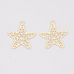 Light Gold Brass Pendants, Etched Metal Embellishments, Long-Lasting Plated, Star, Light Gold, 17.5x16x0.3mm, Hole: 1.2mm