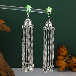 Peridot Alloy Rhinestone Chandelier Earrings for Women, Tassel Earrings, Teardrop, Antique Silver, Peridot, 106x20mm