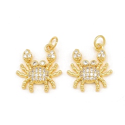 Real 18K Gold Plated Brass Micro Pave Clear Cubic Zirconia Pendants, Crab Charms, Rack Plating, Long-Lasting Plated, Lead Free & Cadmium Free, Real 18K Gold Plated, 18x16.5x4mm, Hole: 3.5mm