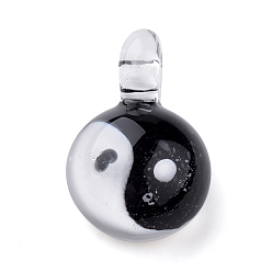 Black Feng Shui Handmade Lampwork Glass Pendants, Pyrex, Half Round with Yin Yang, Black, 27x17x10mm, Hole: 4mm