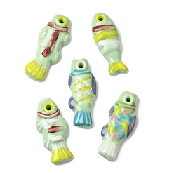 Pale Green Hand-Painted Porcelain Big Pendants, Fish Charms, Pale Green, 64.5~72.5x25~28.5x11.5~12mm, Hole: 4.5mm