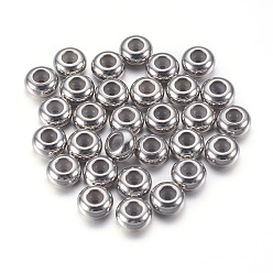 Stainless Steel Color 304 Stainless Steel Beads, with Rubber, Slider Stopper Beads, Rondelle, Stainless Steel Color, 8x4mm, Rubber Hole: 2mm