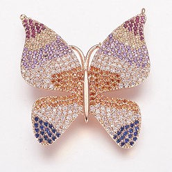Rose Gold Brass Micro Pave Cubic Zirconia Pendants, Butterfly, Rose Gold, 33x28x3mm, Hole: 1mm