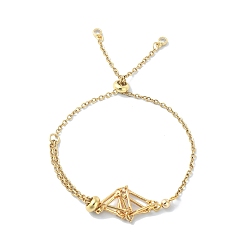 Золотой Изготовление регулируемого латунного браслета в виде мешочка макраме для держателя камня, слайдер-браслет, с 304 тросовыми цепочками из нержавеющей стали и подвесками из латуни с цирконием, плоско-круглые, золотые, внутренний диаметр: 3/4~2-5/8 дюйм (2~6.7 см)