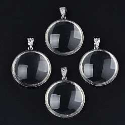 Clear Glass Pendants, with Brass Findings, Flat Round Charms, Platinum, Clear, 46.5x42x9.5mm, Hole: 9.5mm