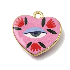 Golden Printed Brass Pendants, Heart with Eye Charms, Pink, Golden, 16.5x17x3mm, Hole: 1.7mm