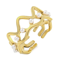 Золотой Ионное покрытие (IP) волна 304 открытые манжеты из нержавеющей стали для женщин, с абс пластмассовой имитационной жемчужиной, золотые, регулируемый, 5~7 мм