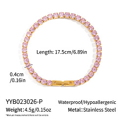 Pink 4MM 304 Stainless Steel Pave Cubic Zirconia Tennis Bracelets for Women, Real 18K Gold Plated, Pink, 6.89 inch(17.5cm)