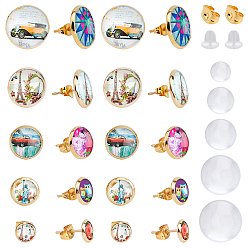 Golden DIY Stud Earring Making Kits, with 304 Stainless Steel Ear Stud Findings & Ear Nuts, Transparent Glass Cabochons, Half Round, Golden, Ear Stud Findings: Tray: 6mm/8mm/10mm/12mm/14mm, Pin: 0.8mm, 40pcs/set