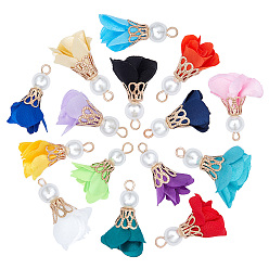 Mixed Color Iron Pendants, with Cloth and ABS Plastic Imitation Pearl, Flower, Golden, Mixed Color, 25~32x15~25mm, Hole: 1~4mm, 15 colors, 4pcs/color, 60pcs/set