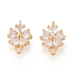 Настоящее золото 18K Латунные подвески из прозрачного кубического циркония, цветок ссылки, без кадмия, без никеля и без свинца, реальный 18 k позолоченный, 11.5~13x8.5x3.5~4 мм, отверстие : 1.4~1.6 мм