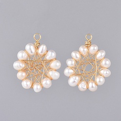 Light Gold Handmade Natural Cultured Freshwater Pearl Pendants, with Copper Wire, Seashell Color, Light Gold, 31x25x5.5mm, Hole: 2mm