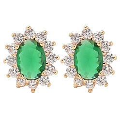 Средний Морско-зеленый Серьги-гвоздики из латуни с прозрачным кубическим цирконием и стеклом, цветок, долговечный, шампанское золото, средний морской зеленый, 11x9.5 мм