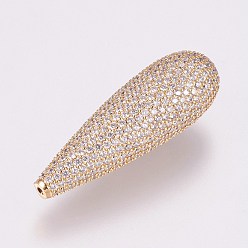 Golden Brass Micro Pave Cubic Zirconia Beads, teardrop, Golden, 37x12mm, Hole: 0.5mm