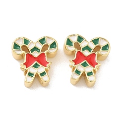 Candy Cane Рождественские латунные эмалевые бусины, без свинца и без кадмия, долговечный, реальный 18 k позолоченный, стойки покрытие, шоколадная конфета, 15x14x5 мм, отверстие : 2 мм