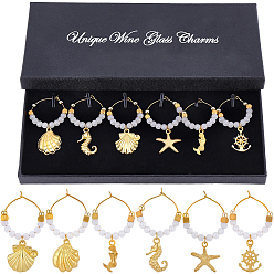 Золотой 6шт. стеклянный бокал для вина, с подвесками из сплава и кольцами-шармами в виде бокалов для вина, золотые, 48~53 мм