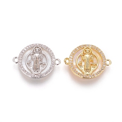 (52) Непрозрачная лаванда Соединители из латуни с микропаве и кубическим цирконием, с оболочкой, плоские круглые с Девой Марией, прозрачные, разноцветные, 15x20x3 мм, отверстие : 1.2 мм