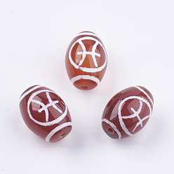 Pisces Tibetan Style Constellation/Zodiac Pattern dZi Beads, Natural Agate Beads, Dyed & Heated, Barrel with Twelve Constellations, Pisces, 14x10mm, Hole: 0.6mm