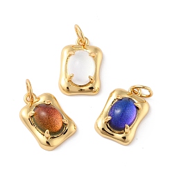Mixed Color Eco-Friendly Brass Charms, with Glass & Glitter Powder, with Jump Ring, Golden, Long-Lasting Plated, Rectangle, Mixed Color, 13.5x9.5x5.5mm, Jump Ring: 5x0.7mm, Inner Diameter: 3.6mm