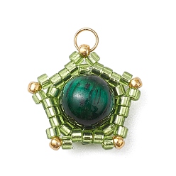 Зеленый Подвески в виде звезд из натурального тигрового глаза (окрашенного и нагретого) и стеклянных бусин ручной работы, с прыжковых колец, золотые, зелёные, 16~16.5x17x8~8.5 мм, отверстие : 3 мм