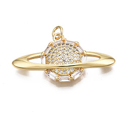 Настоящее золото 16K Латунные микропаве прозрачные подвески с фианитом, без никеля , планета с прыжковыми кольцами, реальный 16 k позолоченный, 15.5x29x4 мм, Перейти кольцо: 4x0.8 мм, внутренний диаметр: 2.4 мм