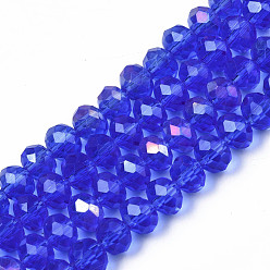 Blue Electroplate Glass Beads Strands, AB Color Plated, Faceted, Rondelle, Blue, 6x5mm, Hole: 1mm, about 85~88pcs/strand, 16.1~16.5 inch(41~42cm)