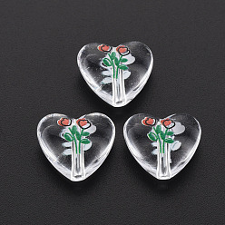 Green Transparent Printed Acrylic Beads, Heart with Flower, Green, 13.5x15x6.5mm, Hole: 1.8mm