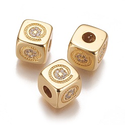 Real 18K Gold Plated Brass Micro Pave Cubic Zirconia Beads, Long-Lasting Plated, Cube with Symbol, Clear, Real 18K Gold Plated, 9x9x9mm, Hole: 3.5mm