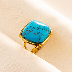 Синтетическая Бирюза Регулируемые 304 манжеты из нержавеющей стали с открытыми кольцами для женщин, квадратный, с синтетическими бирюзовый, золотые, 20 мм, внутренний диаметр: 17 мм