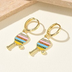 Настоящее золото 18K Женские серьги-кольца из латуни с микропаве и кубическим цирконием, ракетка для пиклбола, с эмалью, стойки покрытие, долговечный, без свинца и без кадмия, реальный 18 k позолоченный, 35x11 мм
